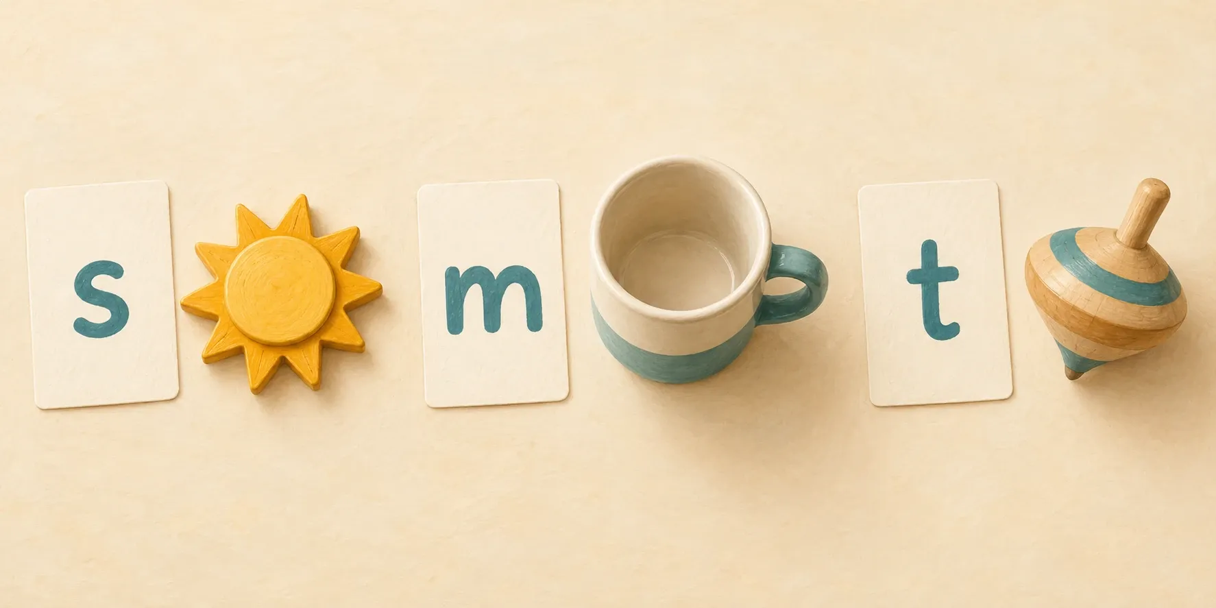Lowercase letter cards s, m and t paired with a sun, mug and spinning top.