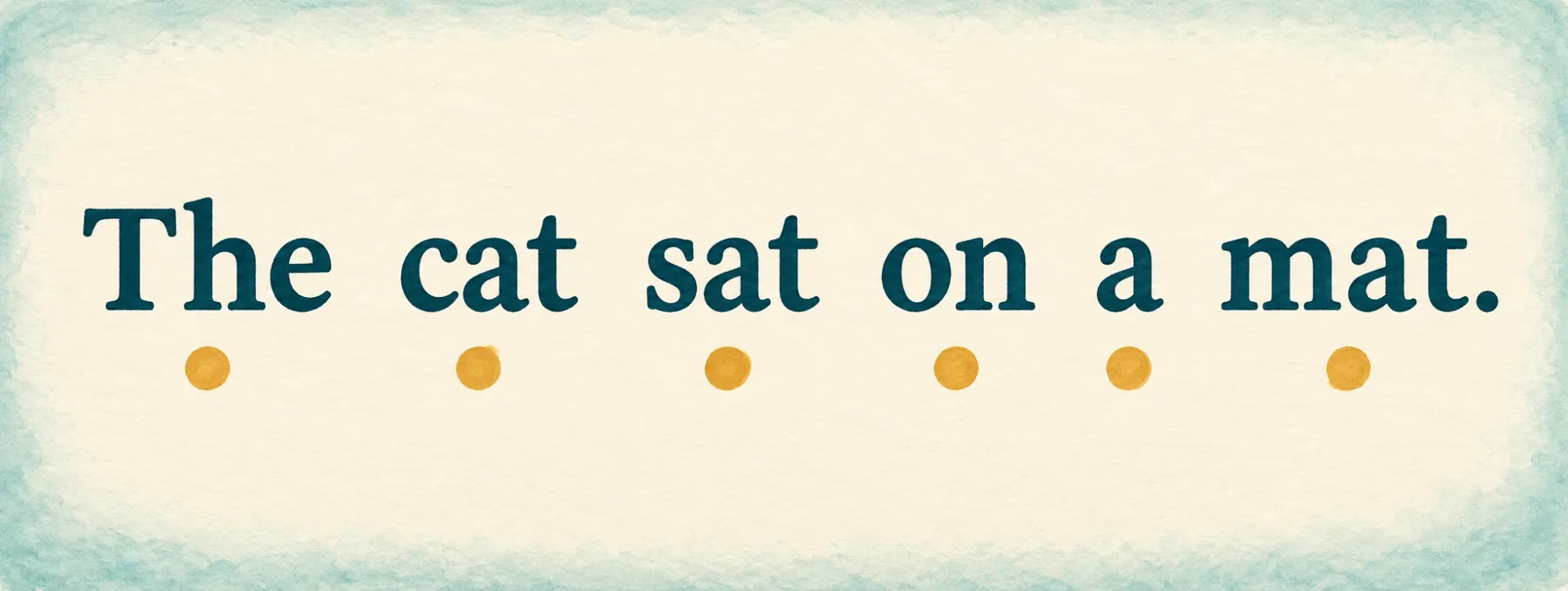 The sentence The cat sat on a mat. with one dot under each word.