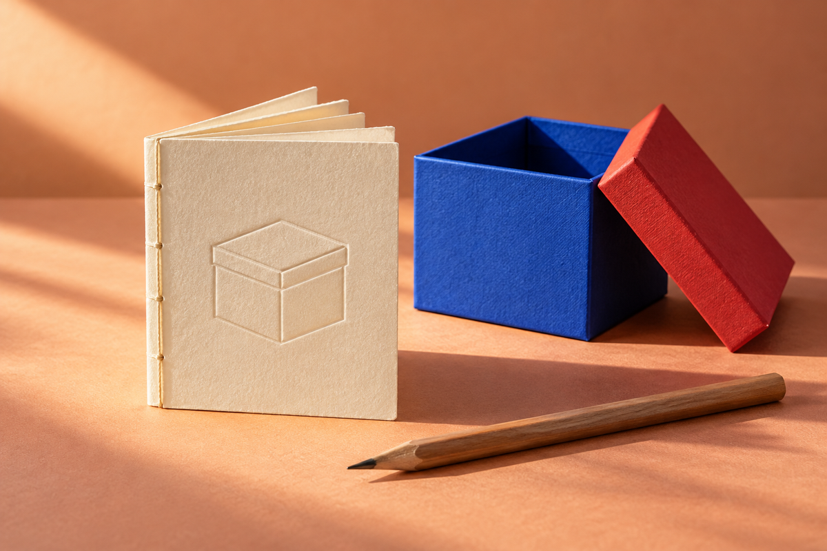 A small booklet, blue box, red lid and pencil arranged on a peach surface.