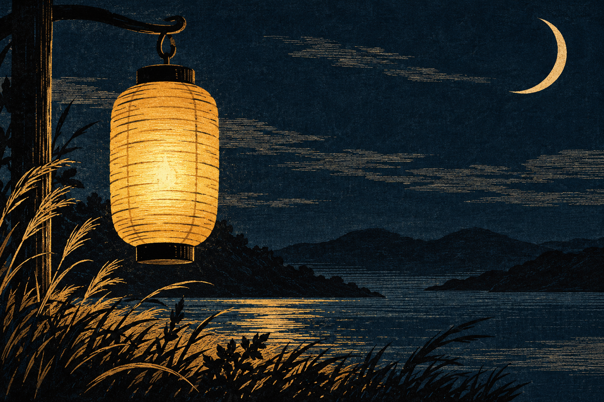 A golden lantern and crescent moon in a midnight-blue woodblock scene.