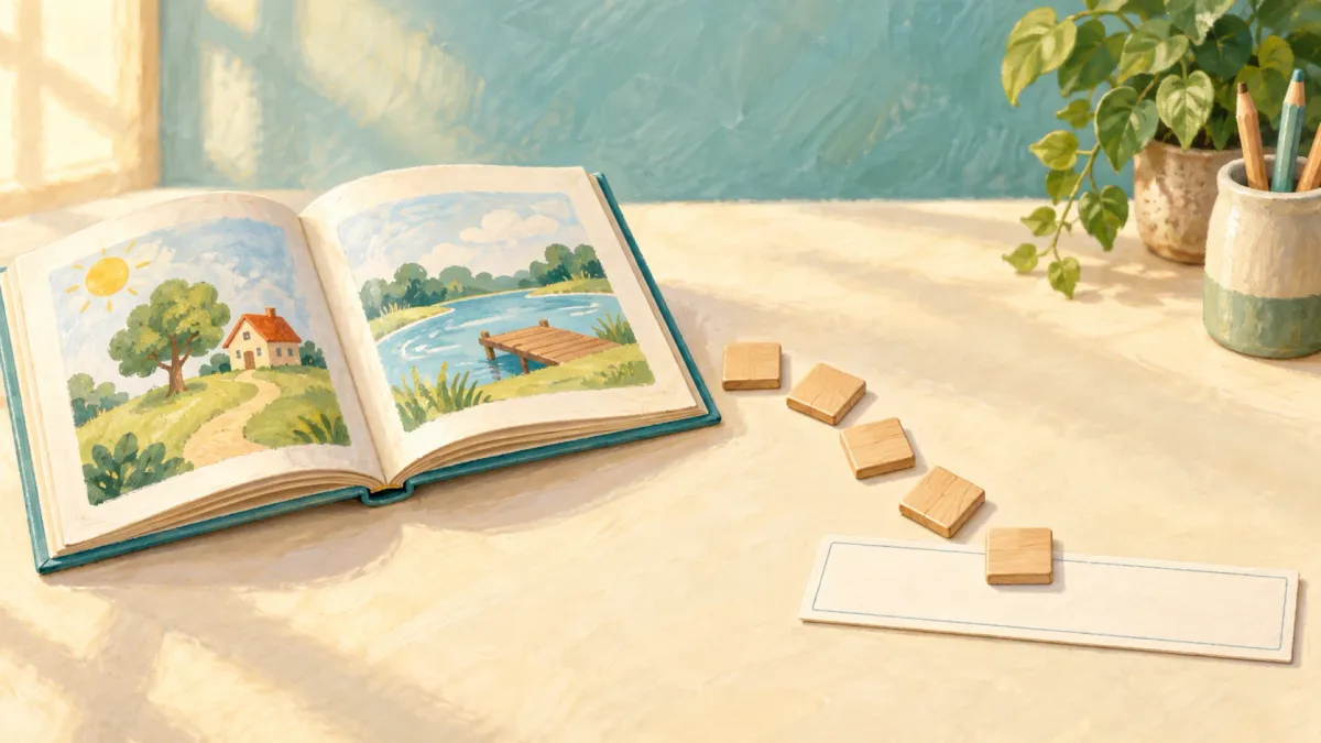 An open early-reader book with blank wooden letter tiles leading to an empty sentence strip on a cream table.