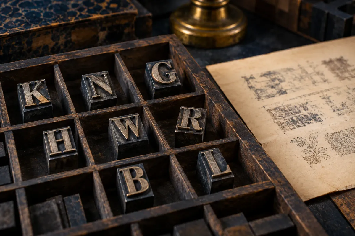 Separate metal letterpress blocks in a dark wooden type case beside an old paper proof.