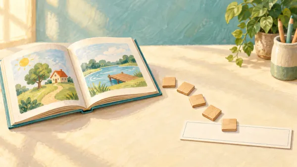 An open early-reader book with blank wooden letter tiles leading to an empty sentence strip on a cream table.
