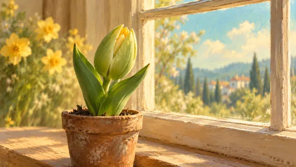 A painted tulip bud just starting to open on a sunny windowsill beside flowers already in bloom