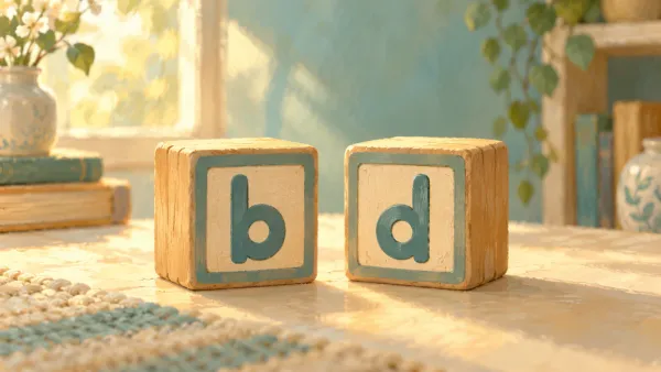 Two wooden letter blocks, b and d, standing side by side
