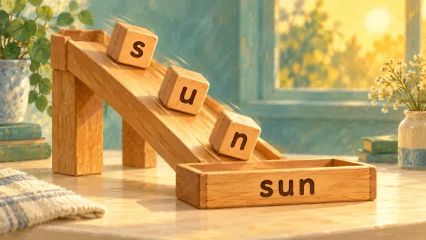 Letter blocks s, u and n sliding down a ramp into the word sun