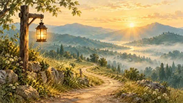 A glowing lantern at the start of a path that winds over hills at sunrise