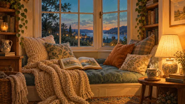 An empty cozy reading nook with a lamp, cushions, an open book and a mug of tea