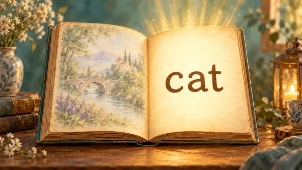 An open book shows a faded, uninhabited landscape on the left page and the large dark lowercase word cat on the right page.
